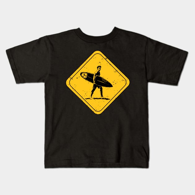 Surfer crossing distressed graphic surf art Kids T-Shirt by Shanti-Ru Design